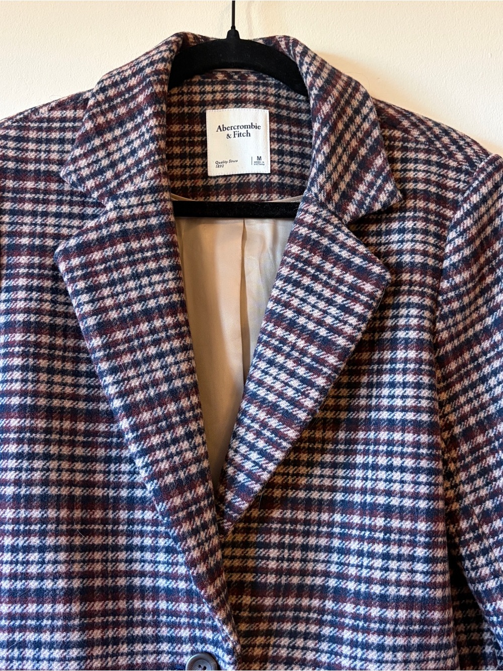 Abercrombie & Fitch Plaid Wool Blend Blazer - Burgundy, Navy, Cream